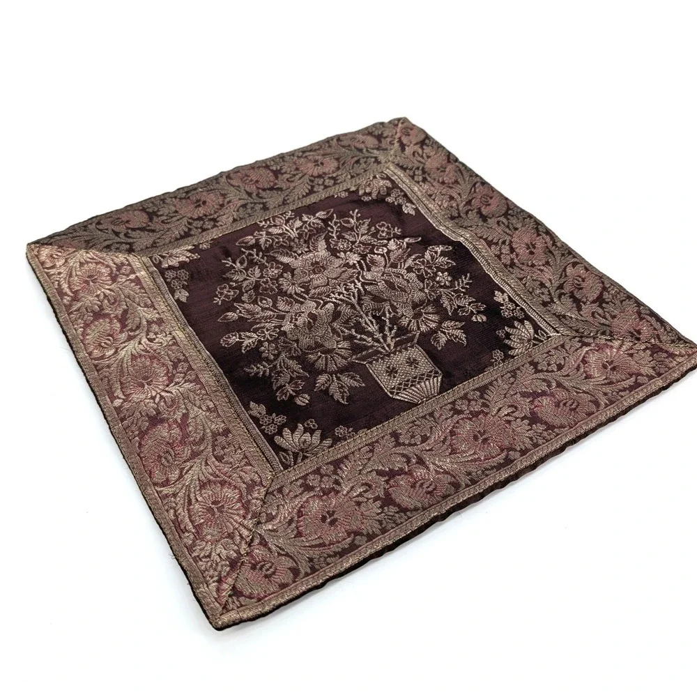 Woven Tapestry Pillow Cover Floral Brocade Metallic Burgundy 12x12
